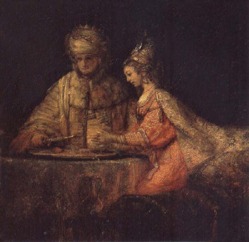 REMBRANDT Harmenszoon van Rijn Haman,Esther and Ahasuerus